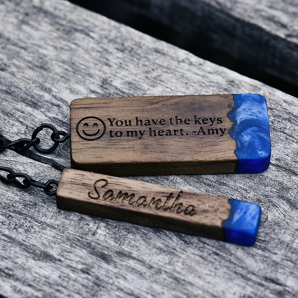 Custom Resin Wood Keychain Fashion Personlized Gift for Couple Car Key Ring Key Chain Engraving Text Logo Name OEM Dropshipping