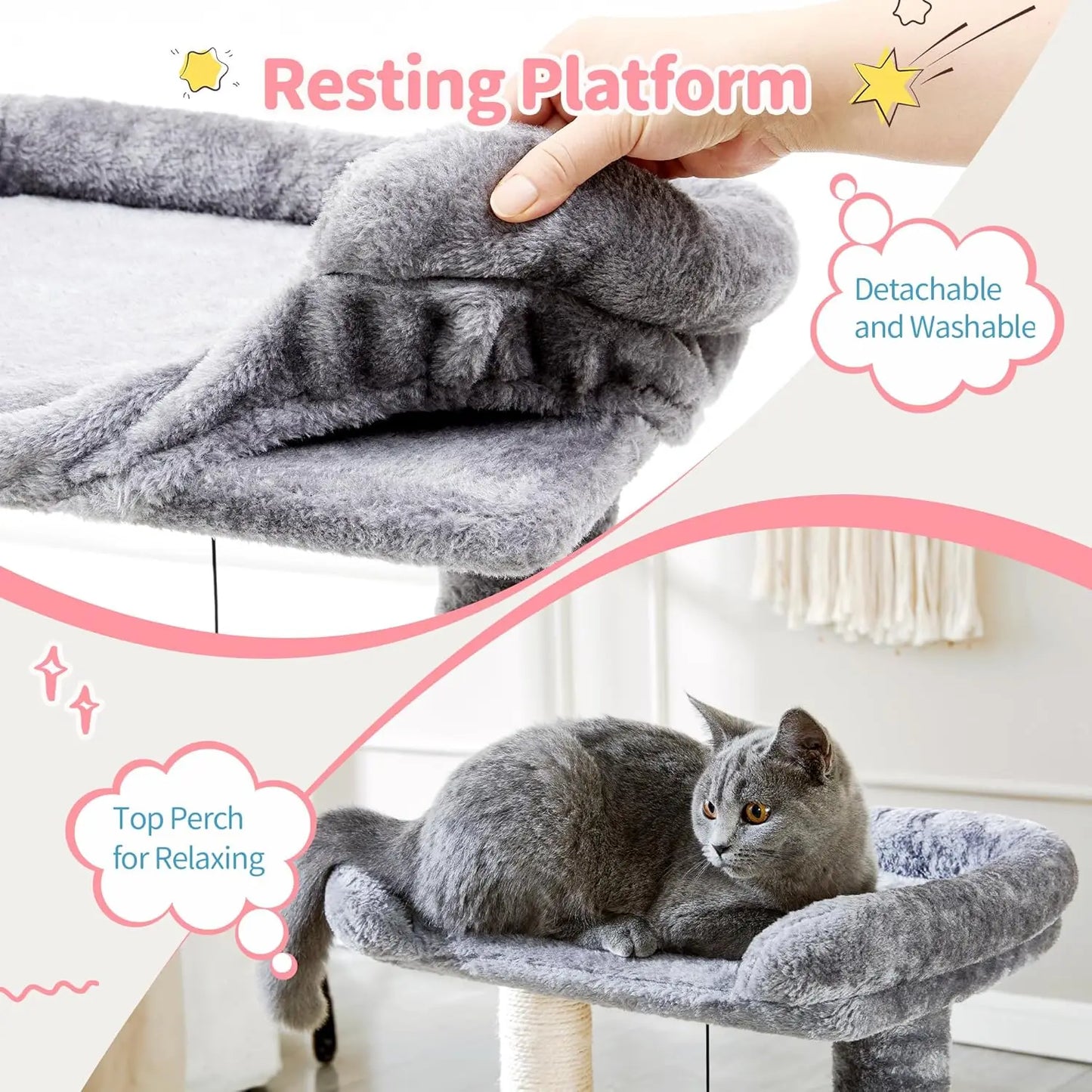 Post Natural Sisal Plush Perch Bed Dangling Toys Small 4-in-1 Cat Tree with Self Groomer - 20" Tall Grey Indoor Cat Scratching