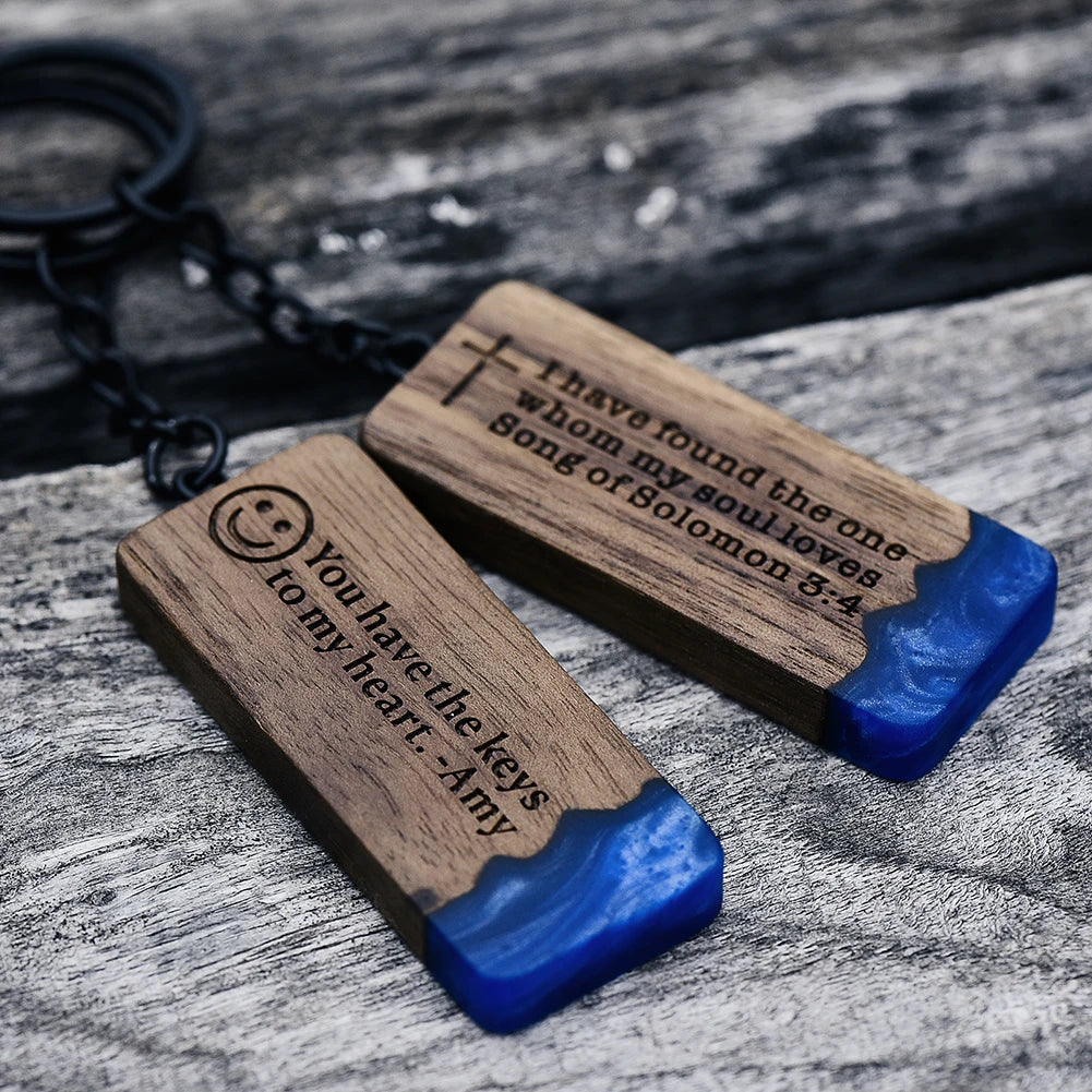 Custom Resin Wood Keychain Fashion Personlized Gift for Couple Car Key Ring Key Chain Engraving Text Logo Name OEM Dropshipping