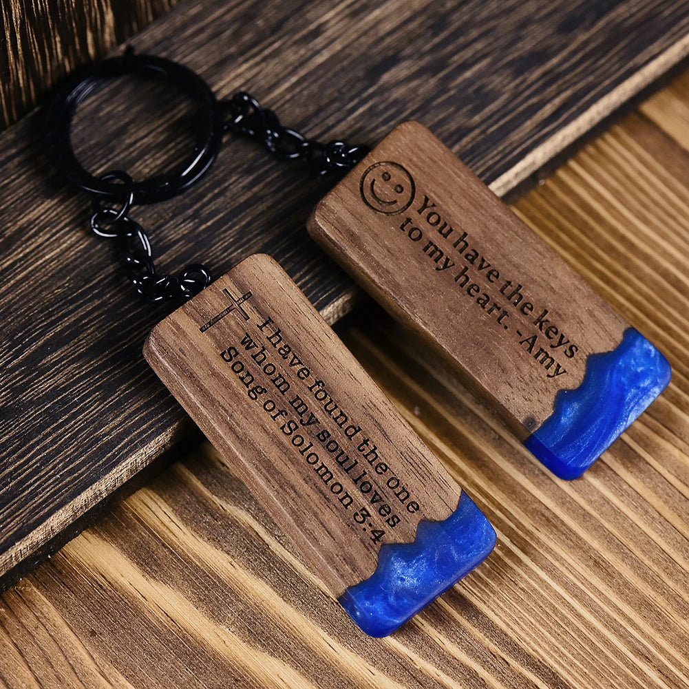 Custom Resin Wood Keychain Fashion Personlized Gift for Couple Car Key Ring Key Chain Engraving Text Logo Name OEM Dropshipping