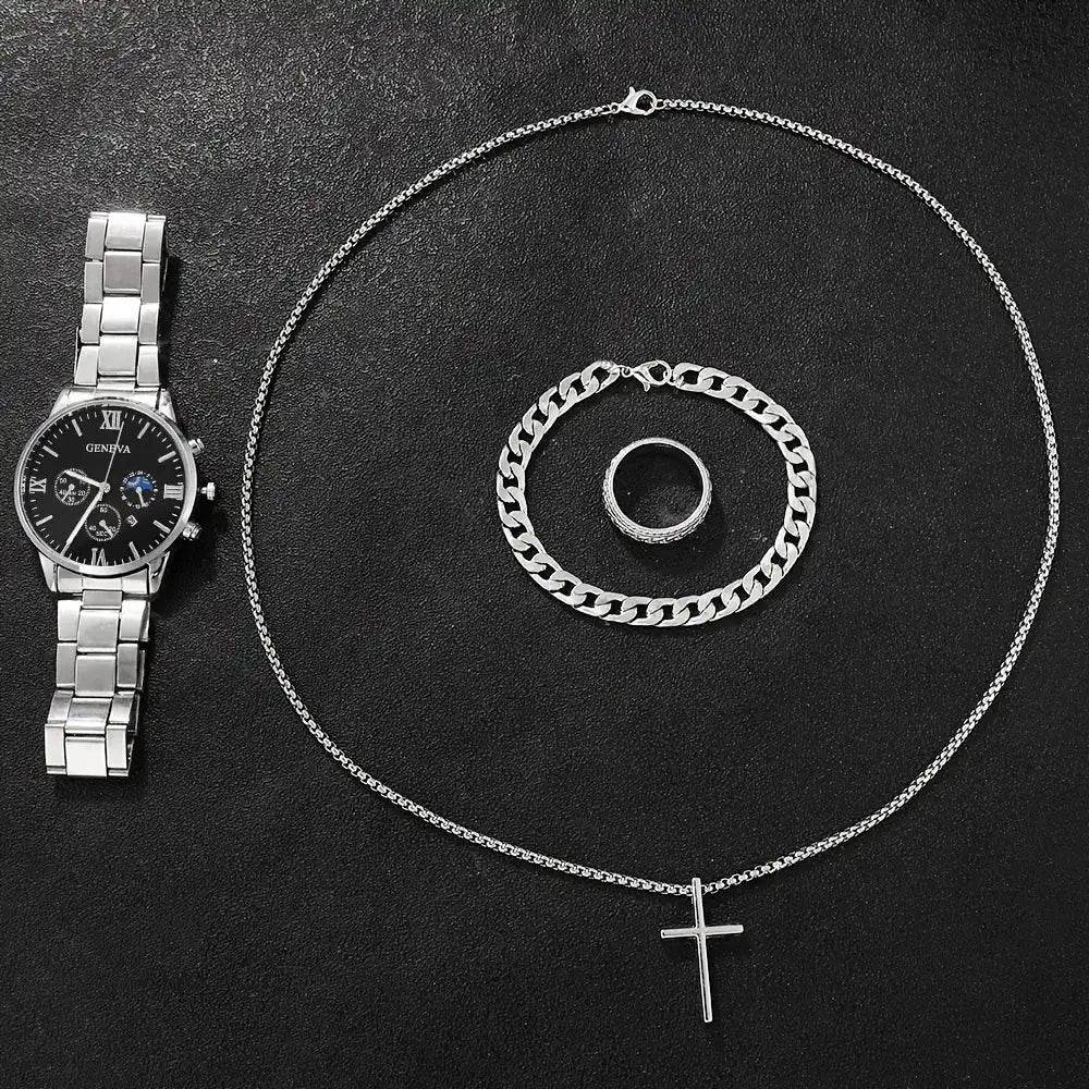 Men's Fashion 4-Piece Set: Calendar Quartz Watch, Silver Cross Pendant Necklace, Ring and Bracelet - HORA GIFT