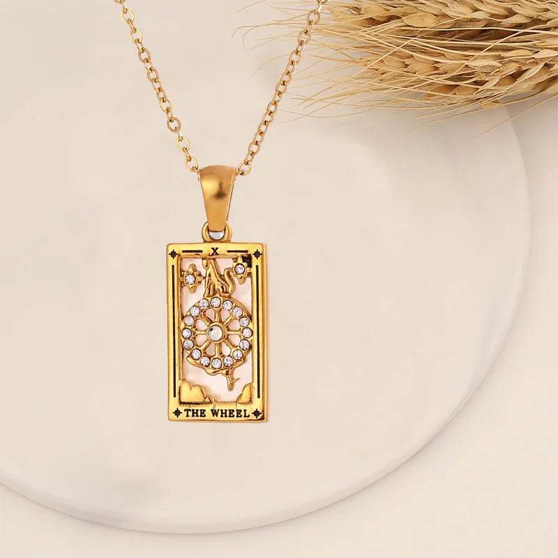 YILUOCD Original Zirconia Tarot Card Necklace Classic Tarot Queen Lover Magician Moon Wealth Amulet Stainless Steel Jewelry - HORA GIFT