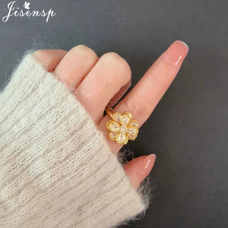 Korean Woman Anxiety Relaxing Ring Multiple Crystal Sunflower Snowflake Knuckle Rings Anti Stress Jewelry Girls Rotating Gift
