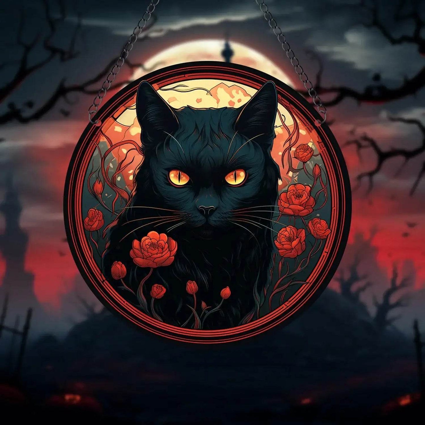 Black Cat Suncatcher - Acrylic Stained Style Window Hanging - HORA GIFT
