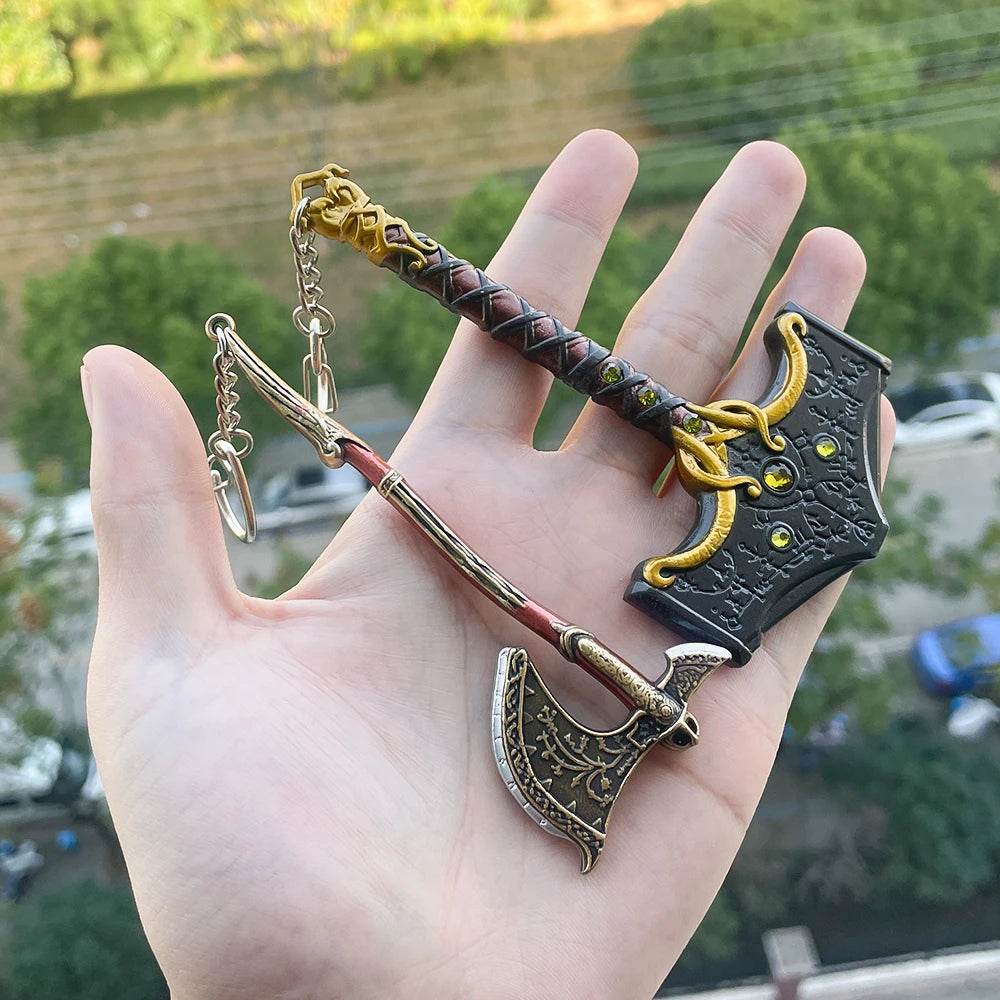 New God of War Ragnarok Keychain Kratos Ares Thor's Hammer Mjolnir Blades of Exile Leviathan Axe Weapon Penant Key Chain Jewelry - HORA GIFT