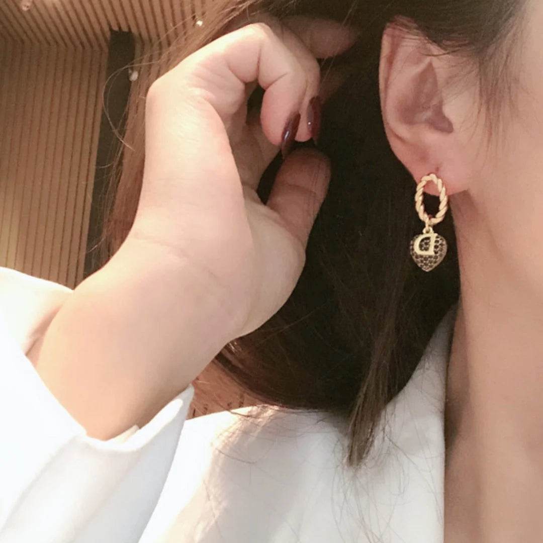 Golden Earrings D Letter Zircon Heart Shaped Pendant Retro Versatile Women's Jewelry - HORA GIFT