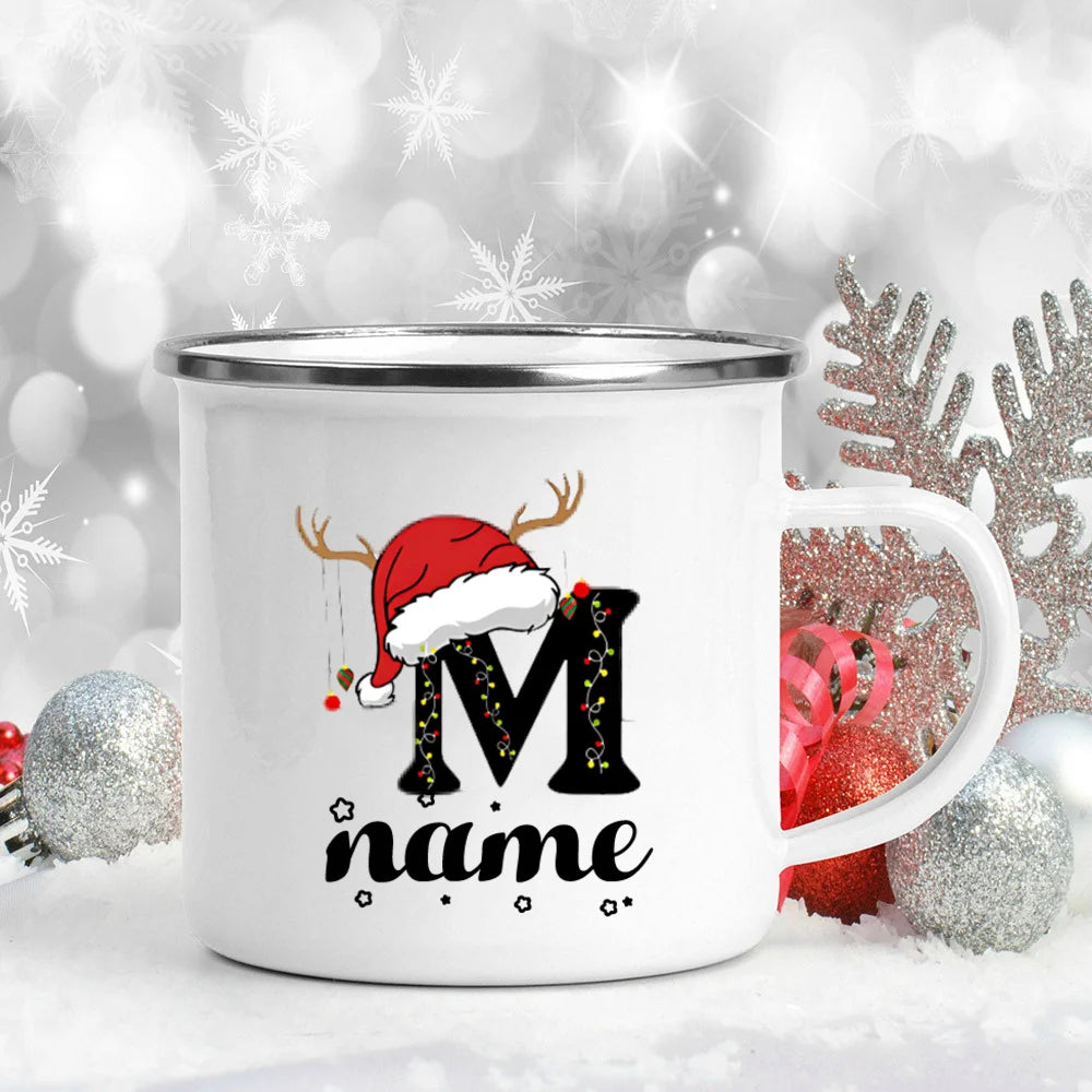 Personlized Christmas Cup Initial with Name Hot Cocoa Chocolate Mug Drink Jiuce Enamel Mugs Xmas Gifts for Kids Friends Family
