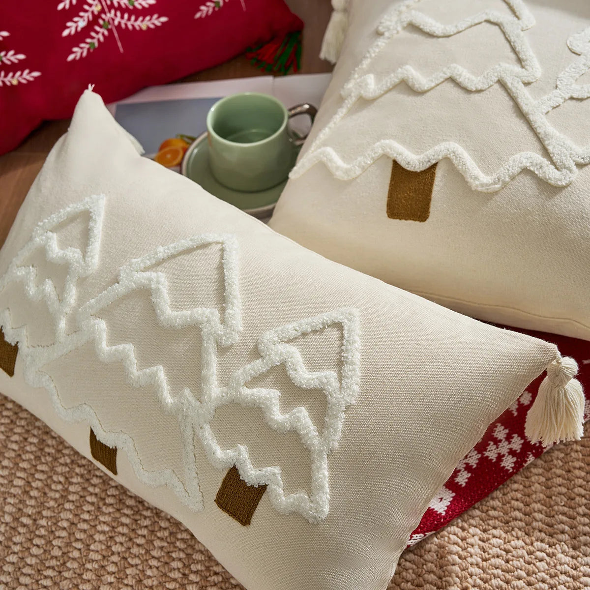 Battilo Christmas Throw Pillow Cover with Tassels Decorative Green Tufted Pillowcase for Sofa Bed Cushion Case for Home Decor