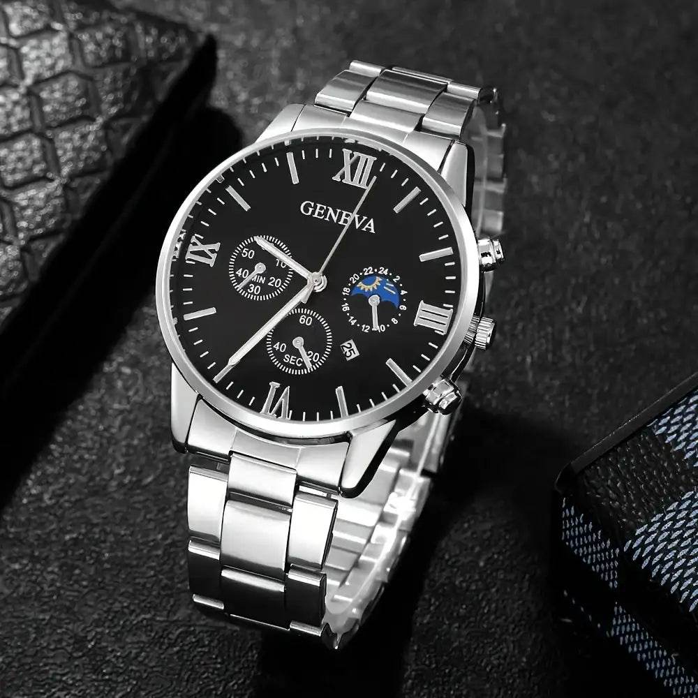 Men's Fashion 4-Piece Set: Calendar Quartz Watch, Silver Cross Pendant Necklace, Ring and Bracelet - HORA GIFT