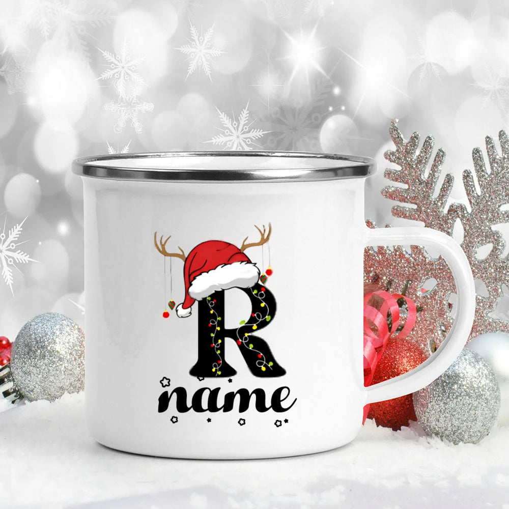 Personlized Christmas Cup Initial with Name Hot Cocoa Chocolate Mug Drink Jiuce Enamel Mugs Xmas Gifts for Kids Friends Family