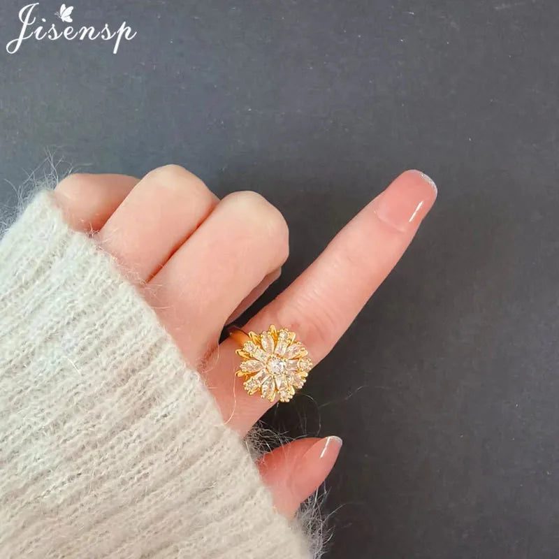 Korean Woman Anxiety Relaxing Ring Multiple Crystal Sunflower Snowflake Knuckle Rings Anti Stress Jewelry Girls Rotating Gift