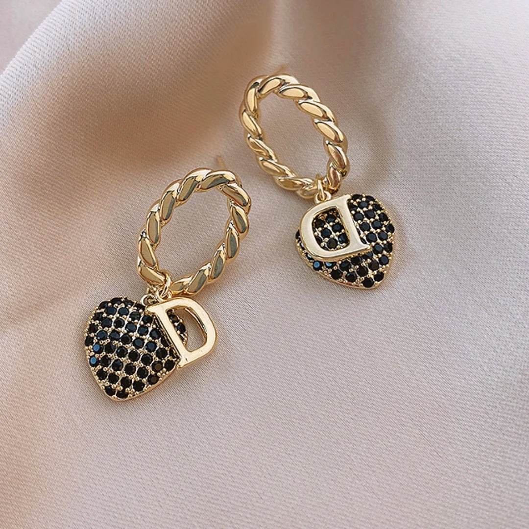 Golden Earrings D Letter Zircon Heart Shaped Pendant Retro Versatile Women's Jewelry - HORA GIFT