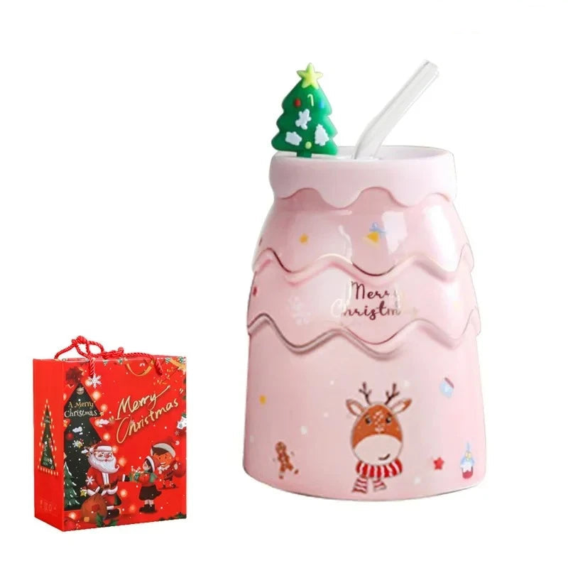 Creative Christmas Mugs Cartoon Xmas Tree Shape Santa Claus Elk Snowman Bell Ceramic Cup with Lid and Straw Coffee Mug Xmas Gift