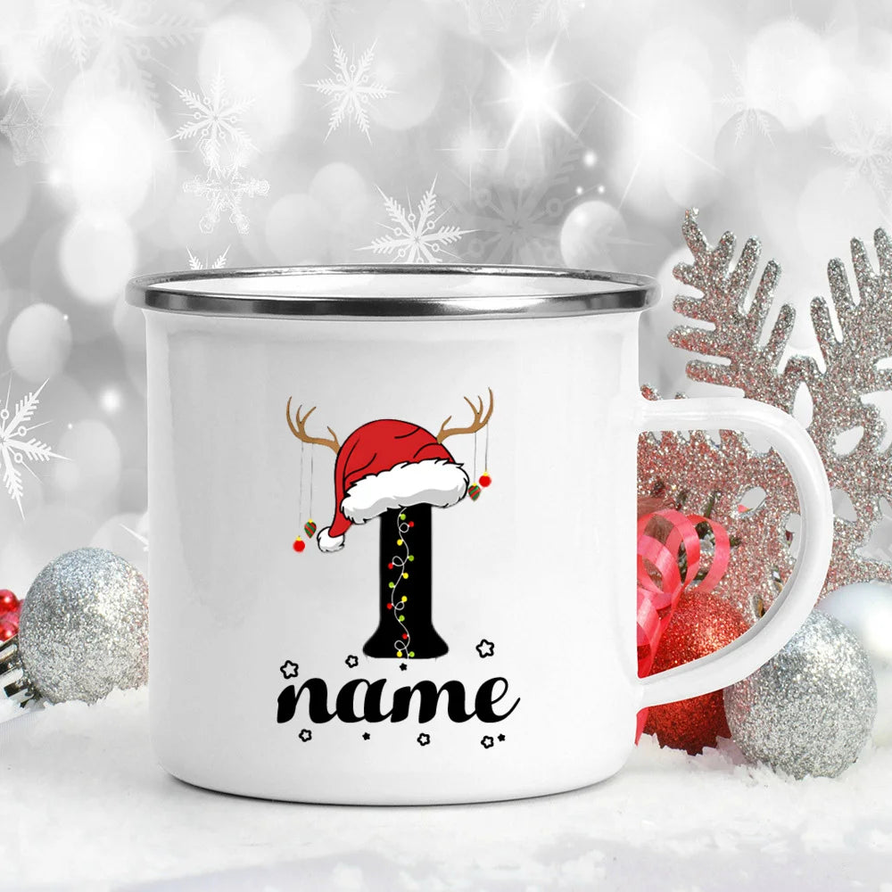 Personlized Christmas Cup Initial with Name Hot Cocoa Chocolate Mug Drink Jiuce Enamel Mugs Xmas Gifts for Kids Friends Family