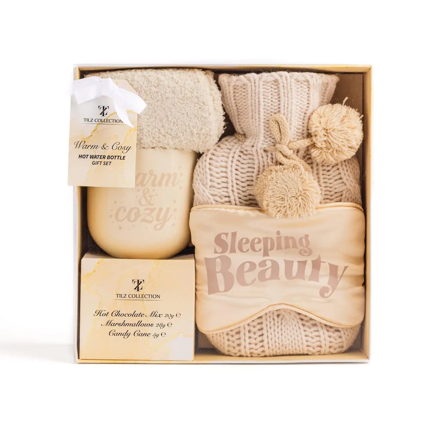 Women Gift Set -Hot Water Bottle, Hot Chocolate Mix, Mini Marshmallows, Mug, Socks, Crushed Candy |Mini Winter Hot Water Bottle