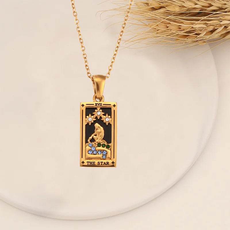 YILUOCD Original Zirconia Tarot Card Necklace Classic Tarot Queen Lover Magician Moon Wealth Amulet Stainless Steel Jewelry - HORA GIFT