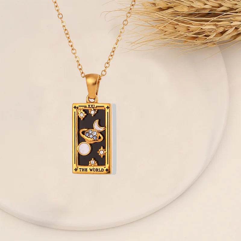 YILUOCD Original Zirconia Tarot Card Necklace Classic Tarot Queen Lover Magician Moon Wealth Amulet Stainless Steel Jewelry - HORA GIFT