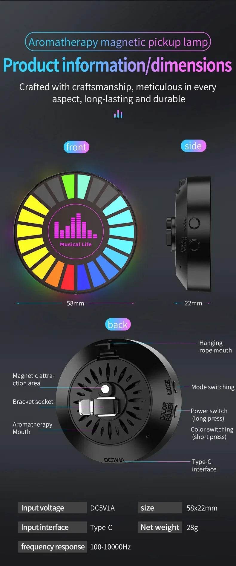 Aromatherapy Magnetic Pickup Lamp Colorful Ambient Air Fresher Round RGB Lights Rechargeable for Car Air Outlet or Room - HORA GIFT