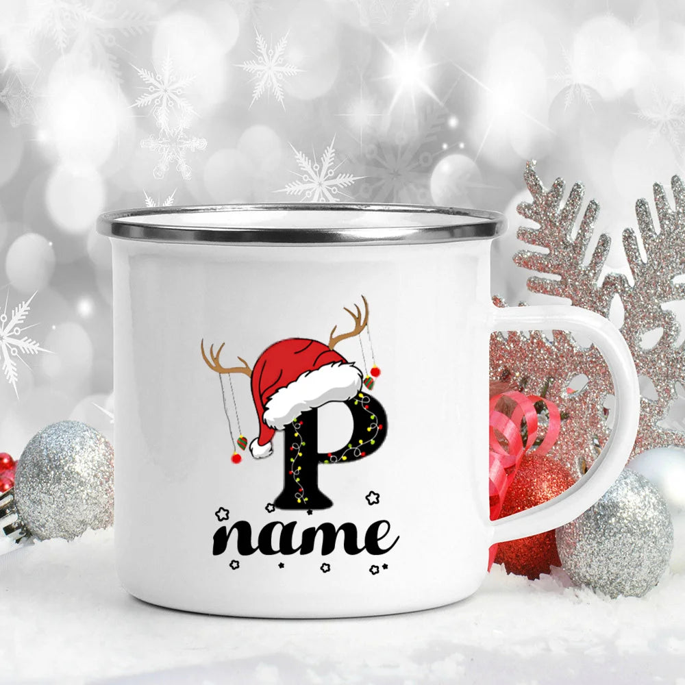 Personlized Christmas Cup Initial with Name Hot Cocoa Chocolate Mug Drink Jiuce Enamel Mugs Xmas Gifts for Kids Friends Family