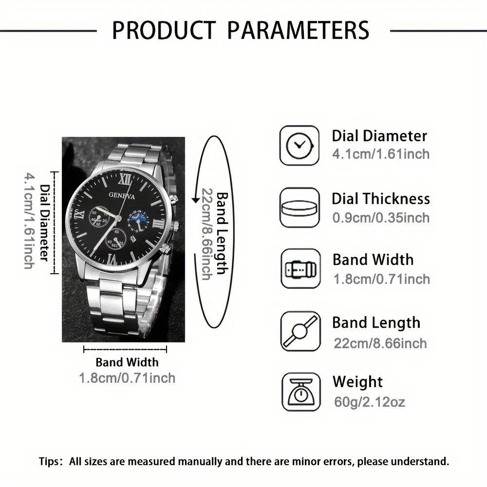Men's Fashion 4-Piece Set: Calendar Quartz Watch, Silver Cross Pendant Necklace, Ring and Bracelet - HORA GIFT