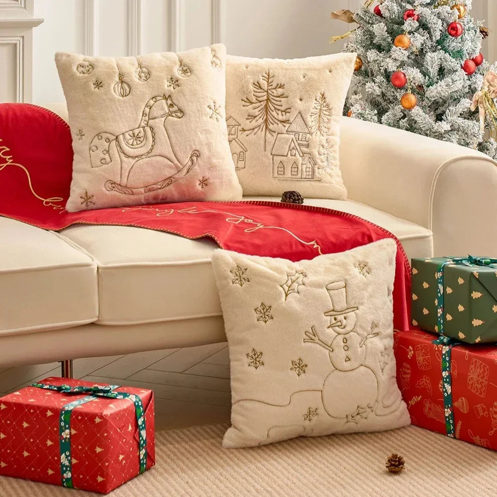 Simple Pillow Case Plush Christmas Embroidered Cushion Cover Soft Comfortable Festival Decorative New Year's Home Pillow Case