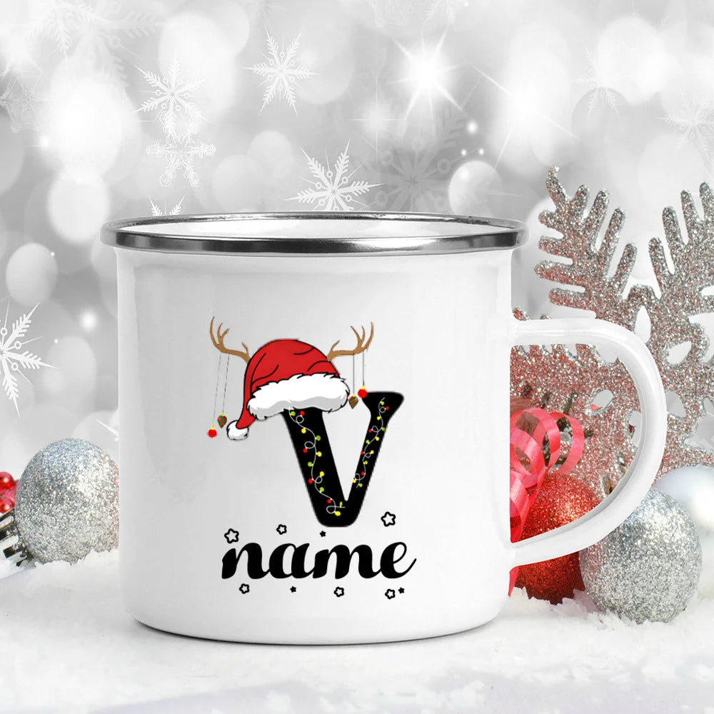 Personlized Christmas Cup Initial with Name Hot Cocoa Chocolate Mug Drink Jiuce Enamel Mugs Xmas Gifts for Kids Friends Family