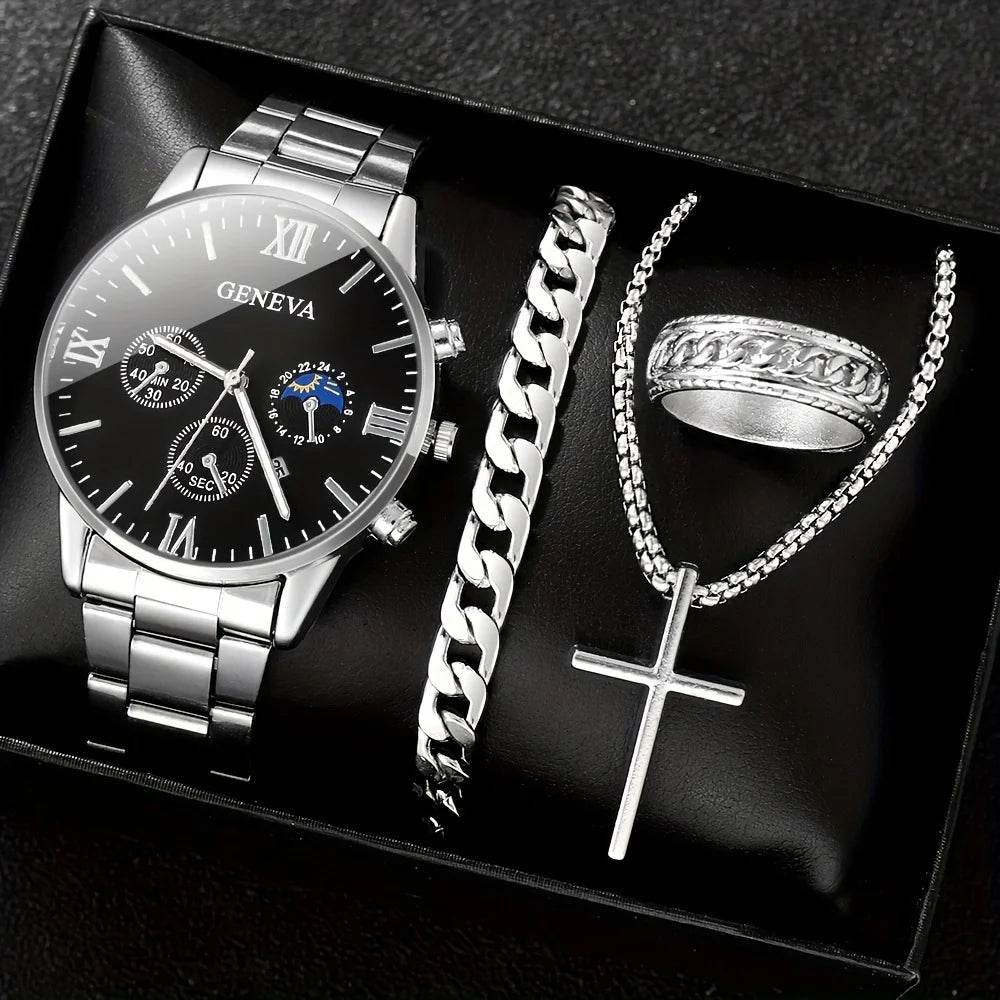 Men's Fashion 4-Piece Set: Calendar Quartz Watch, Silver Cross Pendant Necklace, Ring and Bracelet - HORA GIFT