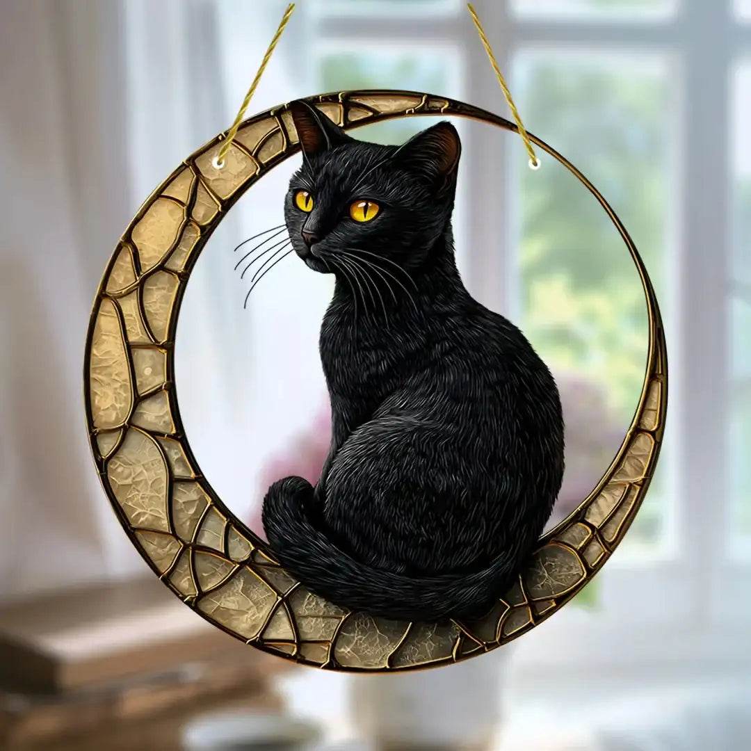 Black Cat Suncatcher - Acrylic Stained Style Window Hanging - HORA GIFT