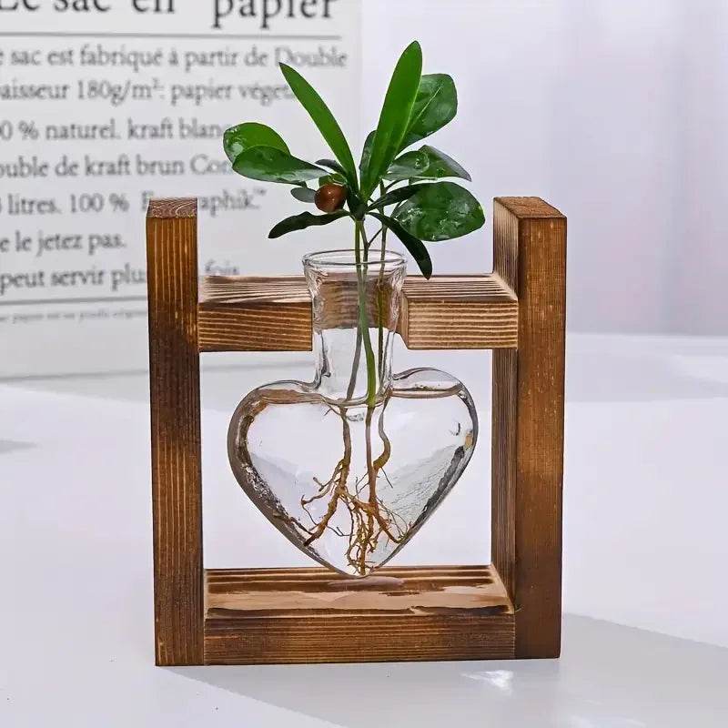 Heart Hydroponic Plant Vases Glass Vase Wooden Frame Terrarium Vase - HORA GIFT