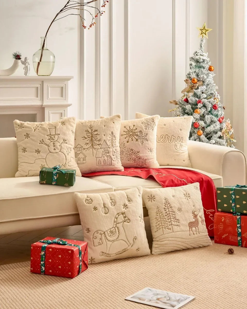 Simple Pillow Case Plush Christmas Embroidered Cushion Cover Soft Comfortable Festival Decorative New Year's Home Pillow Case