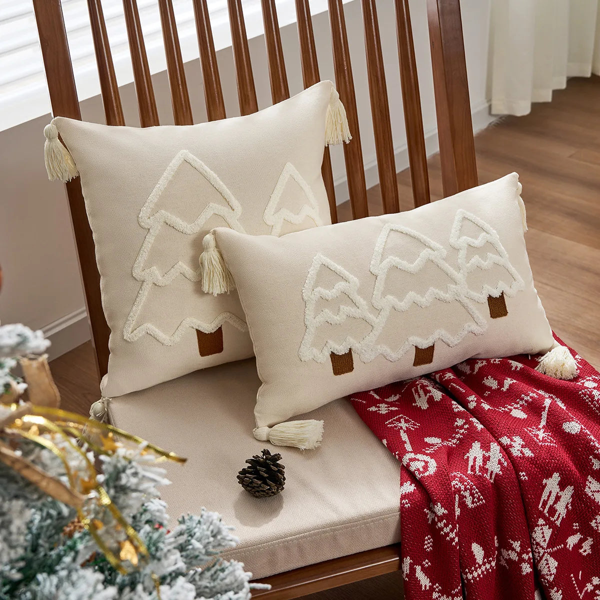 Battilo Christmas Throw Pillow Cover with Tassels Decorative Green Tufted Pillowcase for Sofa Bed Cushion Case for Home Decor
