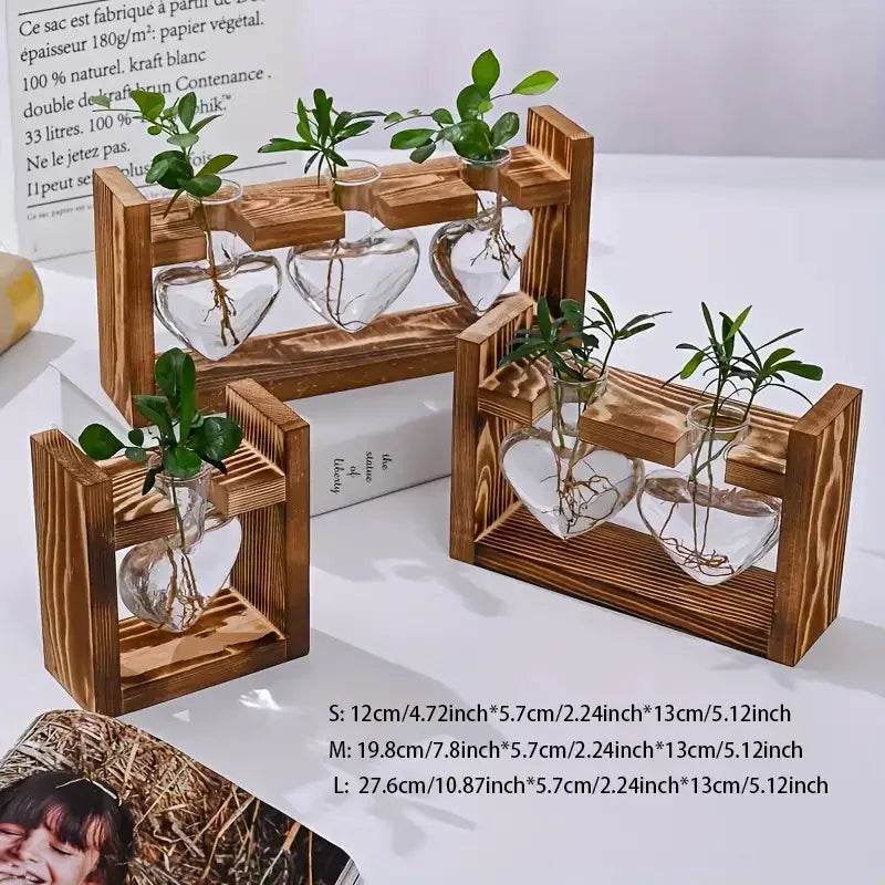 Heart Hydroponic Plant Vases Glass Vase Wooden Frame Terrarium Vase - HORA GIFT