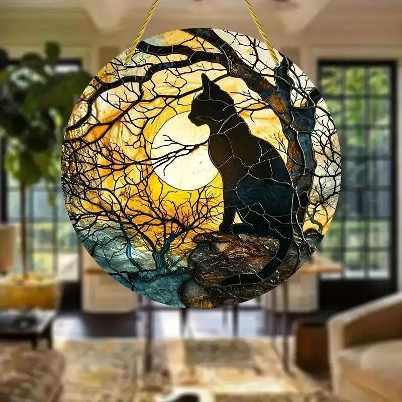 Black Cat Suncatcher - Acrylic Stained Style Window Hanging - HORA GIFT