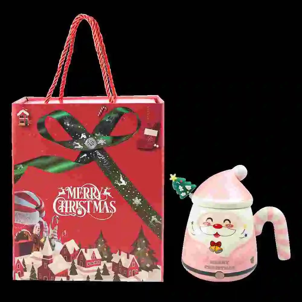 KEPEAK Christmas Santa Claus Ceramic Mugs with Lids and Spoons Animal Print Portable BPA-Free Festive Coffee Cups Set for Gifts