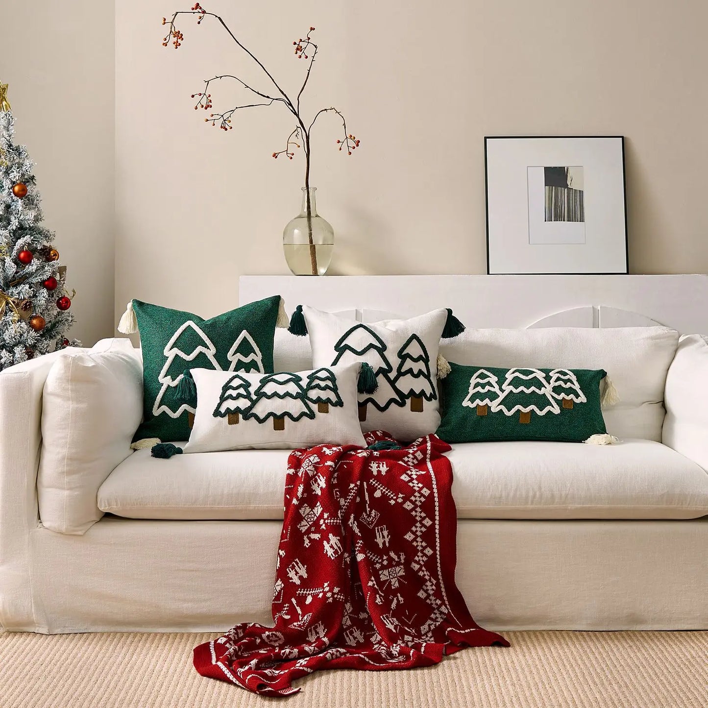 Battilo Christmas Throw Pillow Cover with Tassels Decorative Green Tufted Pillowcase for Sofa Bed Cushion Case for Home Decor