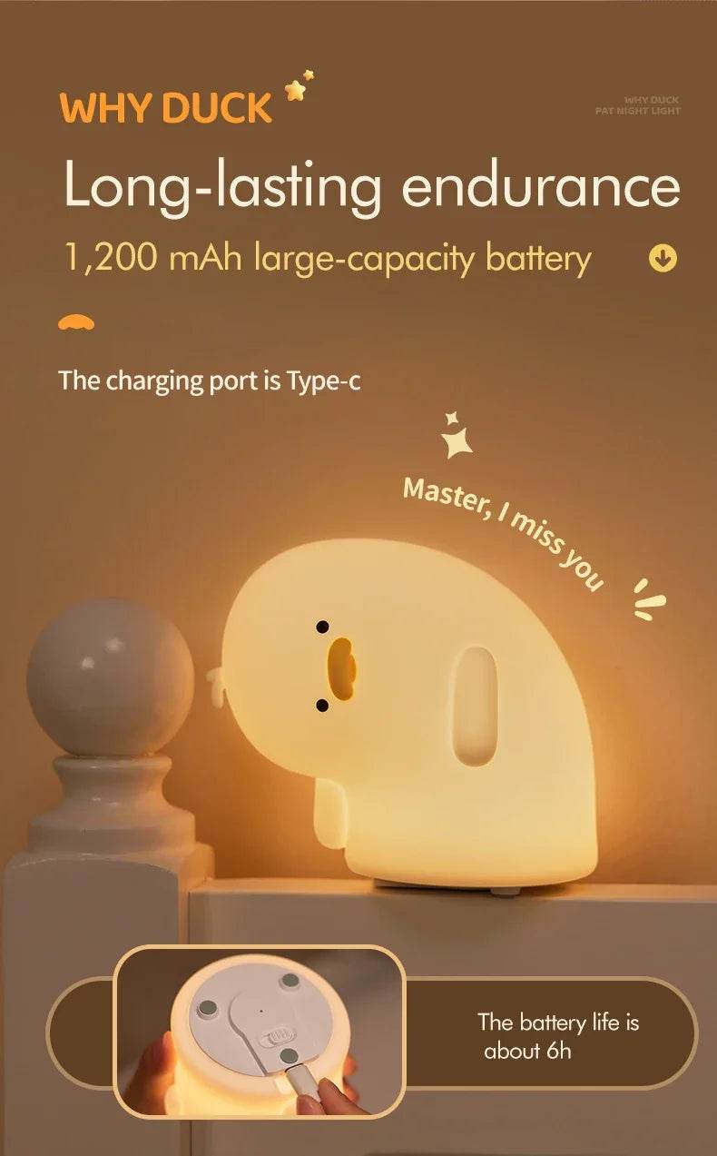 Rechargeable LED Night Light Cute Duck Silicone Patting Lamp Nursery Children Nightlights Home Bedside Room Decor Birthday Gift - HORA GIFT