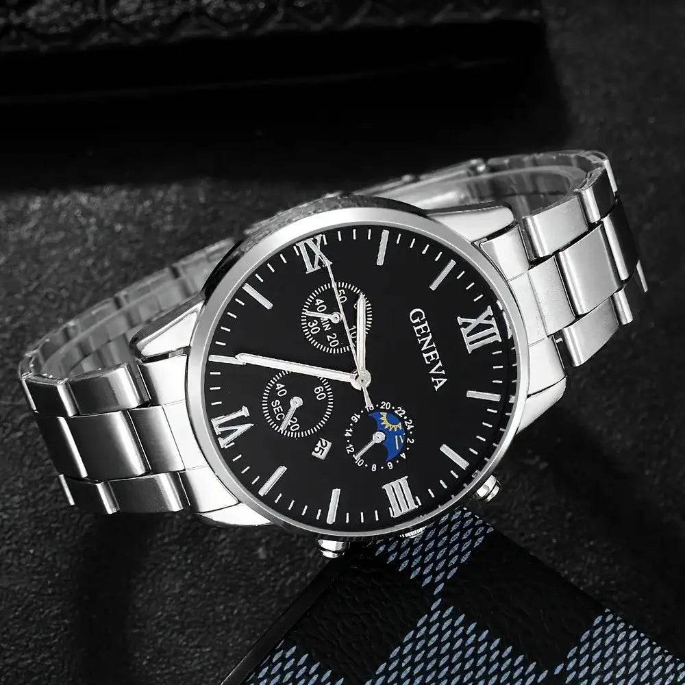 Men's Fashion 4-Piece Set: Calendar Quartz Watch, Silver Cross Pendant Necklace, Ring and Bracelet - HORA GIFT