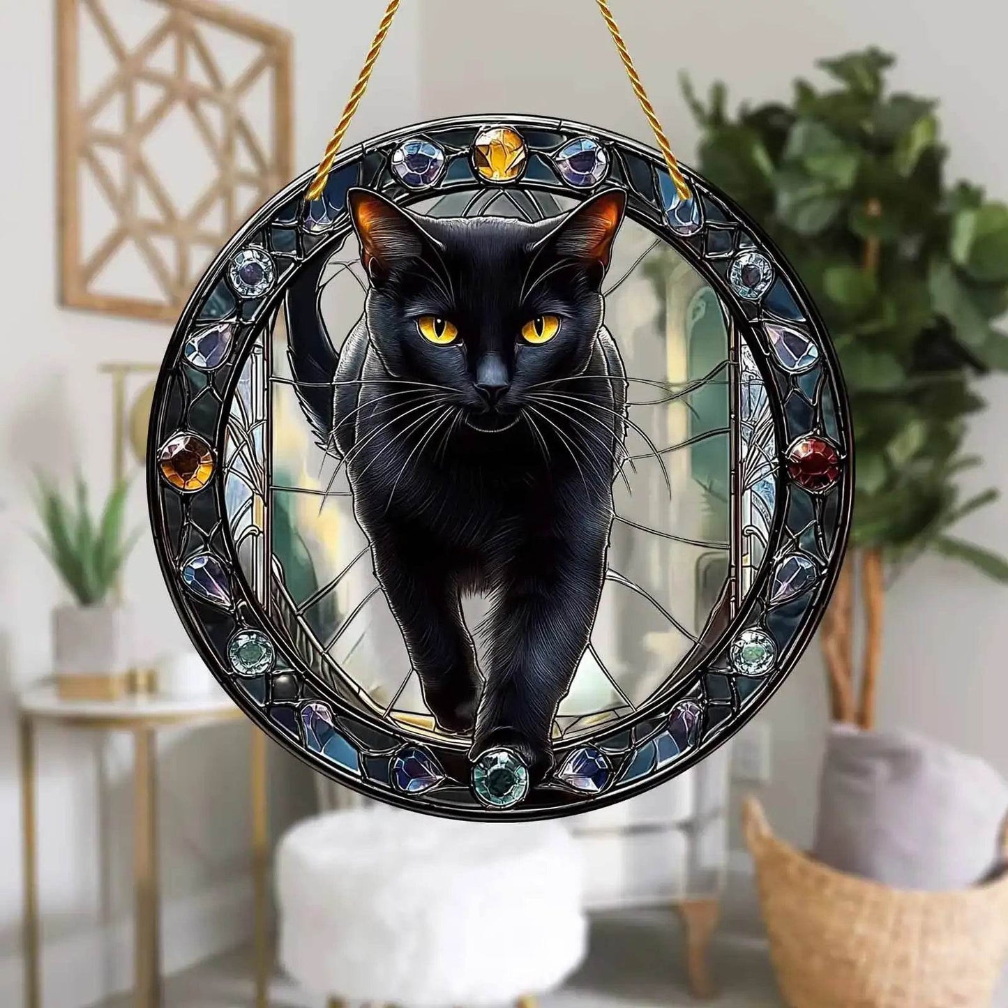 Black Cat Suncatcher - Acrylic Stained Style Window Hanging - HORA GIFT