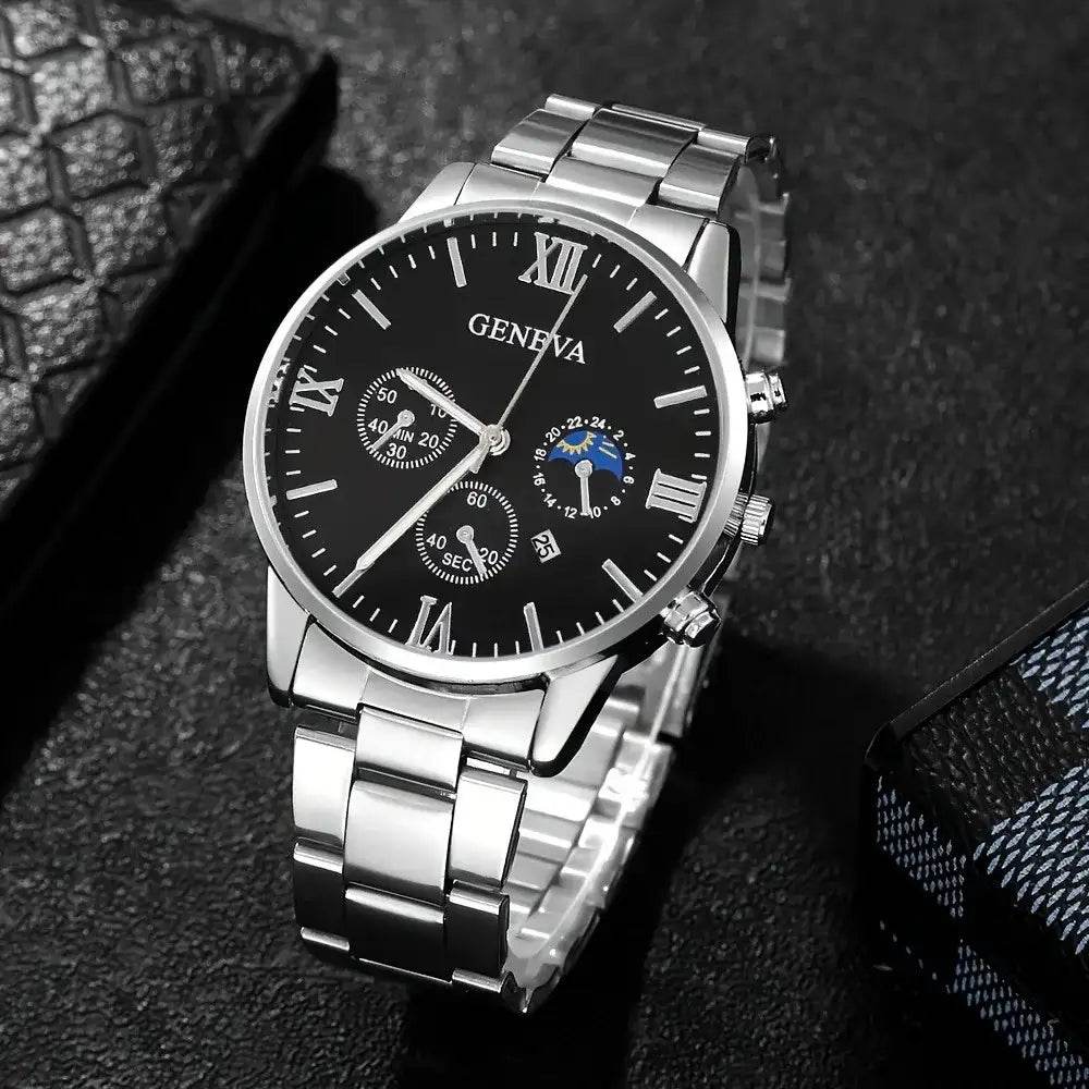 Men's Fashion 4-Piece Set: Calendar Quartz Watch, Silver Cross Pendant Necklace, Ring and Bracelet - HORA GIFT