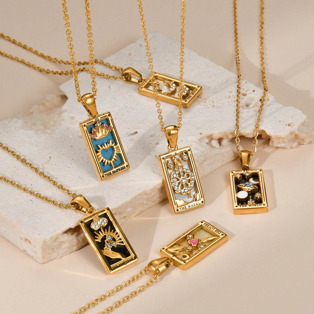 YILUOCD Original Zirconia Tarot Card Necklace Classic Tarot Queen Lover Magician Moon Wealth Amulet Stainless Steel Jewelry - HORA GIFT