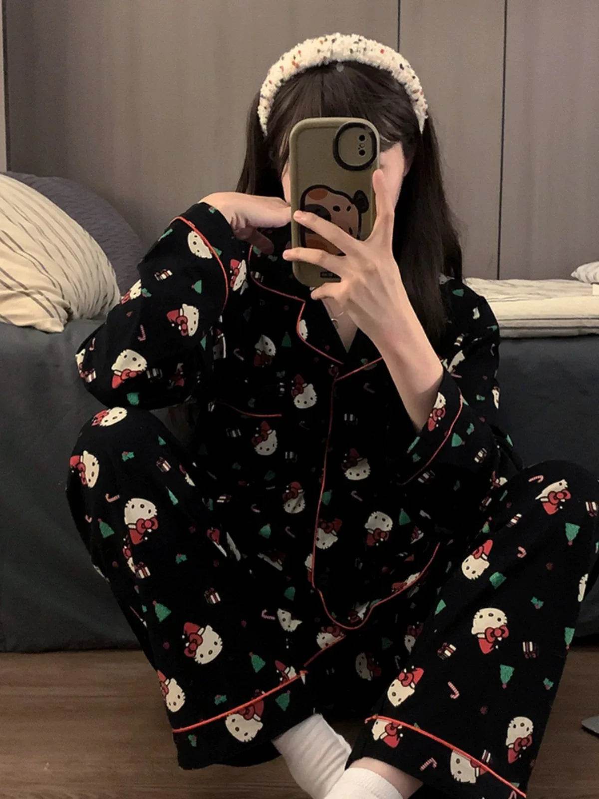 2Pcs/Set Christmas Hello Kitty Pajama Set Anime Cute Woman's - HORA GIFT