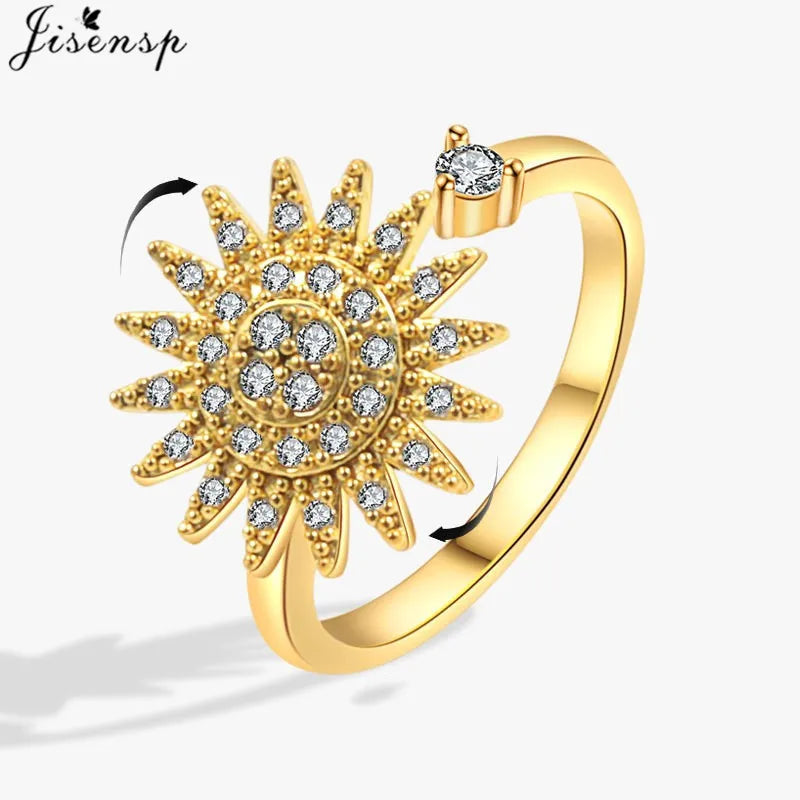 Korean Woman Anxiety Relaxing Ring Multiple Crystal Sunflower Snowflake Knuckle Rings Anti Stress Jewelry Girls Rotating Gift