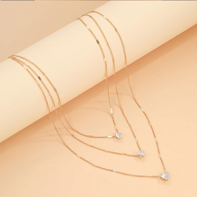 3 Layer Crystal Zircon Necklace Heart Star Multi-layer Pendant Necklace Women Fashion Square Rhinestone Female Necklaces Jewelry