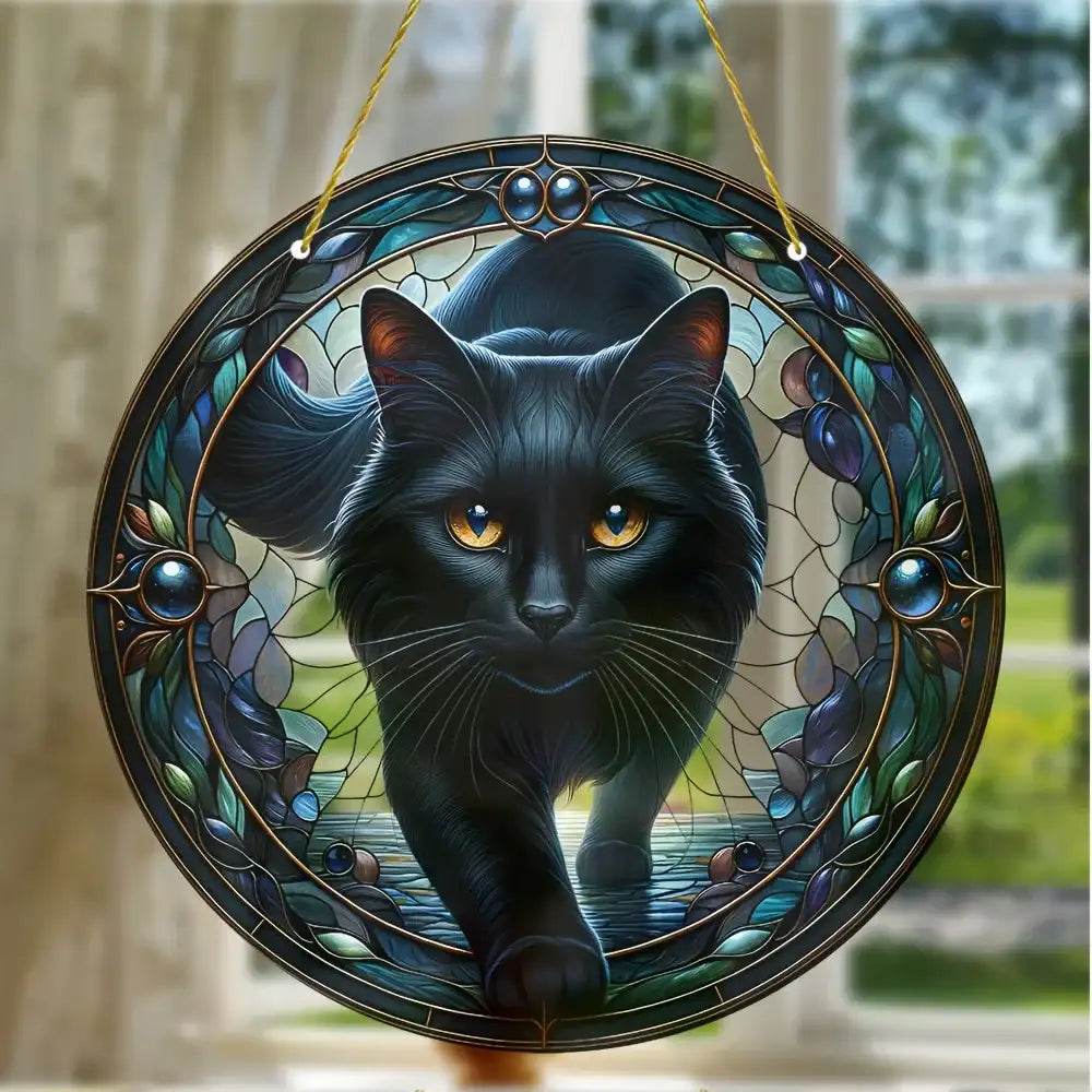 Black Cat Suncatcher - Acrylic Stained Style Window Hanging - HORA GIFT
