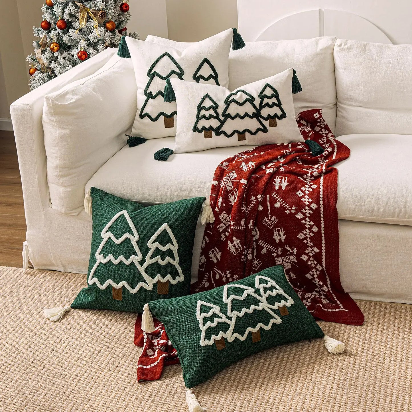 Battilo Christmas Throw Pillow Cover with Tassels Decorative Green Tufted Pillowcase for Sofa Bed Cushion Case for Home Decor