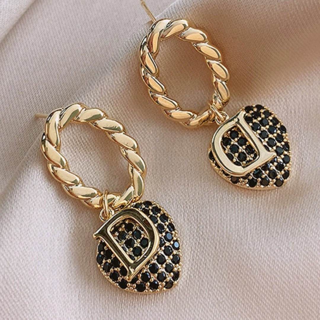 Golden Earrings D Letter Zircon Heart Shaped Pendant Retro Versatile Women's Jewelry - HORA GIFT