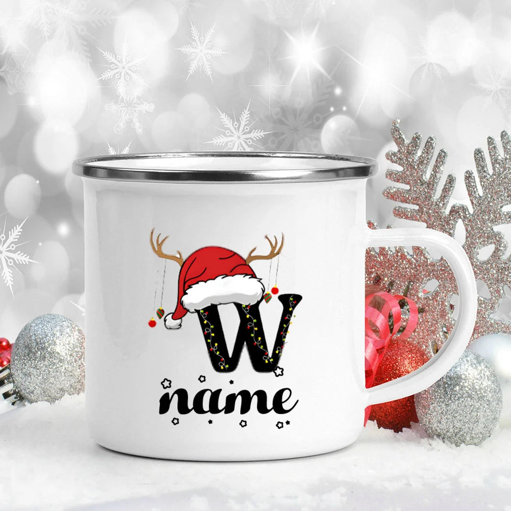Personlized Christmas Cup Initial with Name Hot Cocoa Chocolate Mug Drink Jiuce Enamel Mugs Xmas Gifts for Kids Friends Family