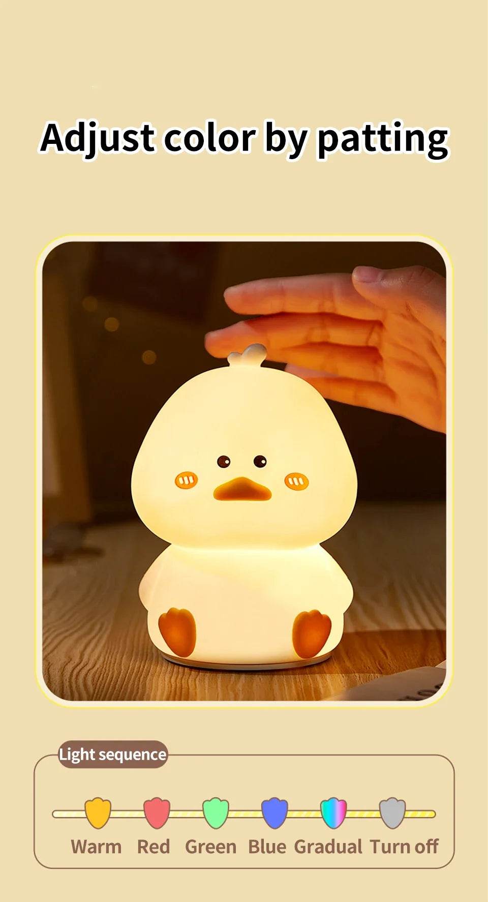 Rechargeable LED Night Light Cute Duck Silicone Patting Lamp Nursery Children Nightlights Home Bedside Room Decor Birthday Gift - HORA GIFT