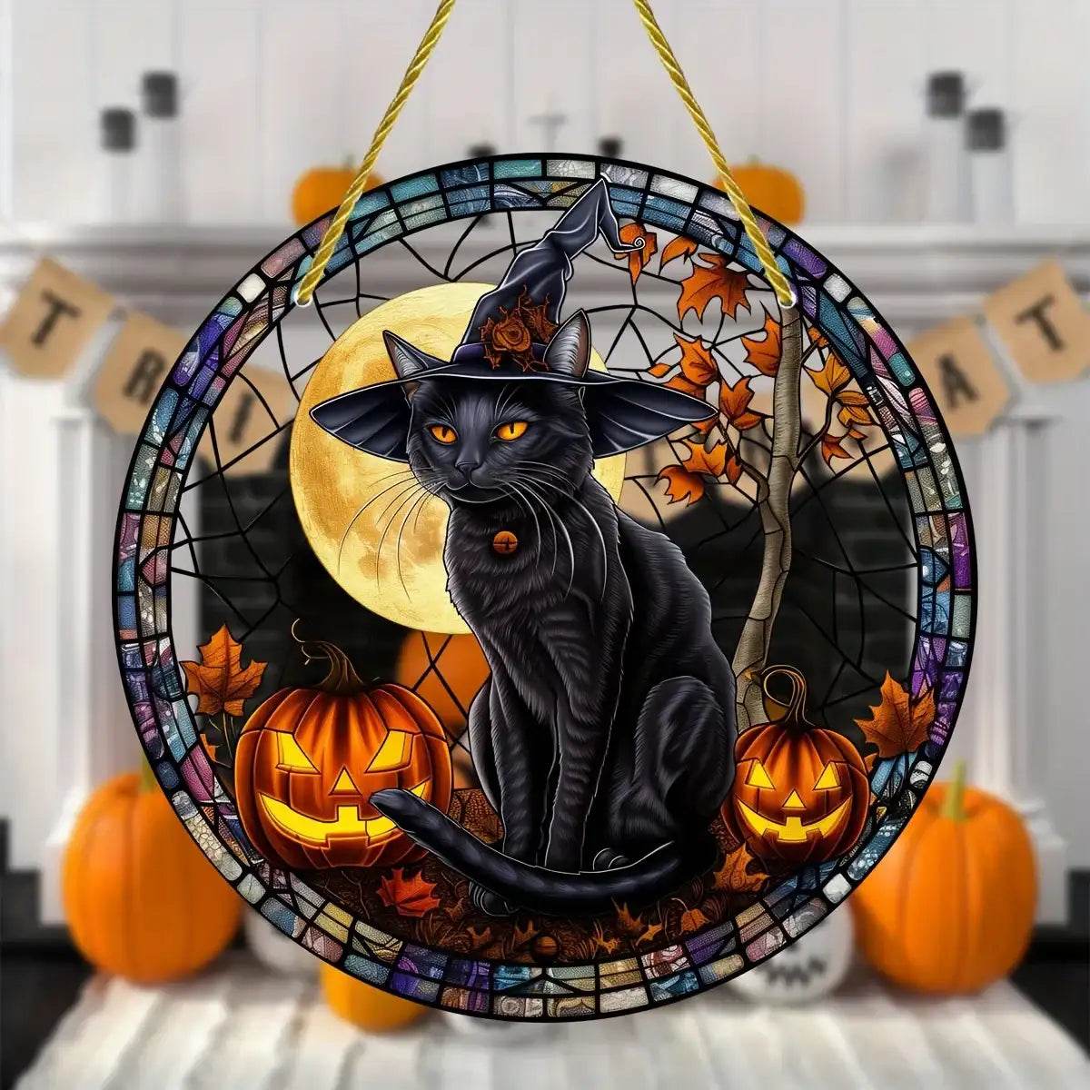 Black Cat Suncatcher - Acrylic Stained Style Window Hanging - HORA GIFT