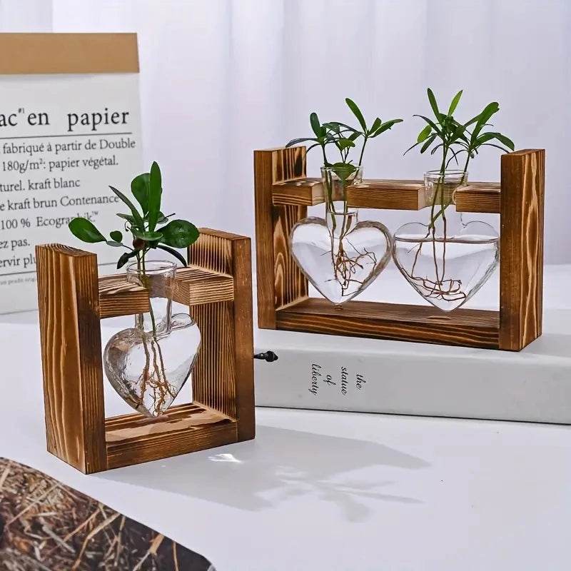 Heart Hydroponic Plant Vases Glass Vase Wooden Frame Terrarium Vase - HORA GIFT